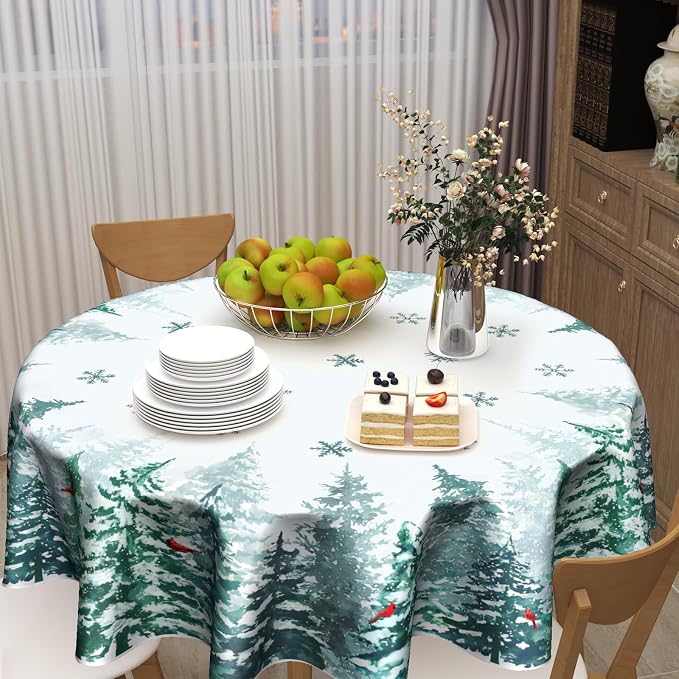 Sweetshow Winter Green Pine Tree Table Cloth Round Xmas Red Cardinal Bird Snowflake Tablecloth 70 Inch Decor Washable Stain and Wrinkle Resistant Winter Round Table Cover for Dining Picnic