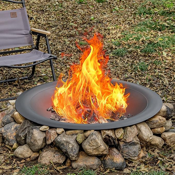 OutVue 35 inch Steel Fire Pit Bowl for DIY or Replacement Existing Fire Pits, Wood Burning Fire Pit Bowl with Spark Screen &Fire Poker, Fireplace for Backyard, Porch, Deck, Camping, BBQ(Smooth)