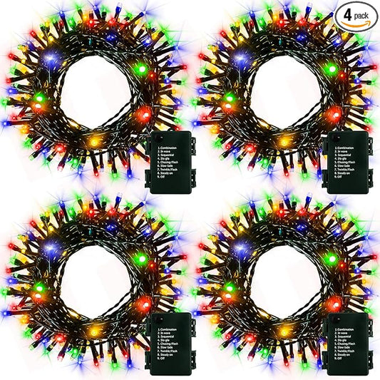 4 Pack Christmas String Lights Battery Operated, Each 50 LED16.5Ft Dark Green String Lights Auto Timer 8 Modes Indoor Outdoor Xmas Wreath Tree Decor (Multicolor)