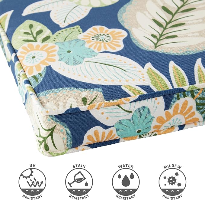 Outdoor 18 inch Square Patio Dining Chair Pads – Comfortable Fiber-Filled Seat Cushions with Ties, Reversible Polyester Fabric - Marlow Blue Floral, Set of 2