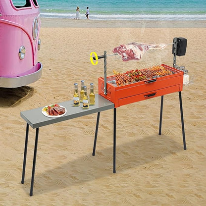Portable Charcoal Grill for Outdoor Grill, 2 in 1 Stainless Steel Barbecue Grill Rotisserie Electric Grill, Foldable Camping Grill with Detachable Table, Spice Rack, Ideal for Outdoor Camping BBQ