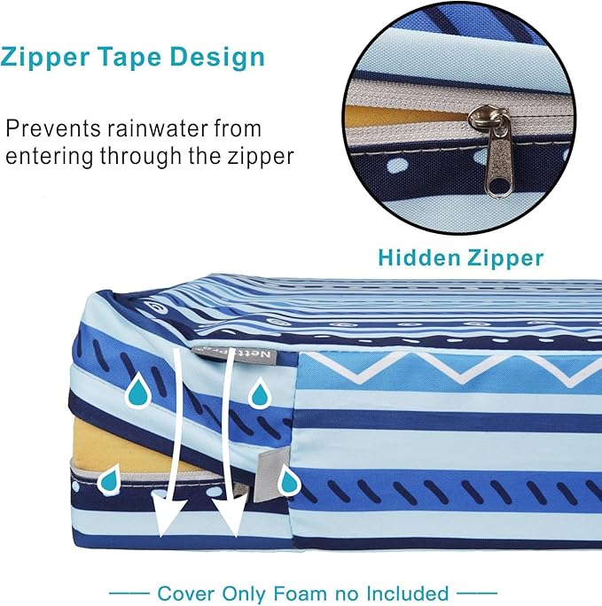NettyPro Outdoor Cushion Slipcovers Waterproof 4 Pack Patio Chair Seat Cushion Covers with Zipper and Tie, 22 x 20 x 4 Inch, Replacement Cover Only, Stripes Blue