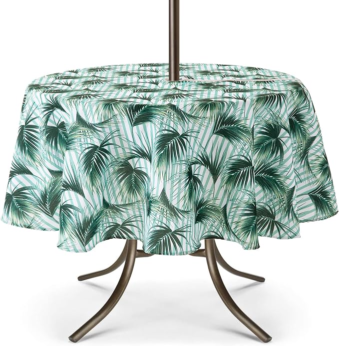 UMINEUX 60" Outdoor Round Tablecloth with Umbrella Hole and Zipper | Spring/Summer Waterproof Round Patio Table Cover for Picnic/BBQ/Garden, Bamboo Leaf