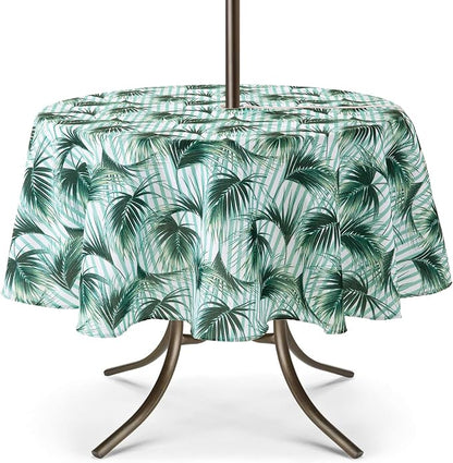 UMINEUX 60" Outdoor Round Tablecloth with Umbrella Hole and Zipper | Spring/Summer Waterproof Round Patio Table Cover for Picnic/BBQ/Garden, Bamboo Leaf