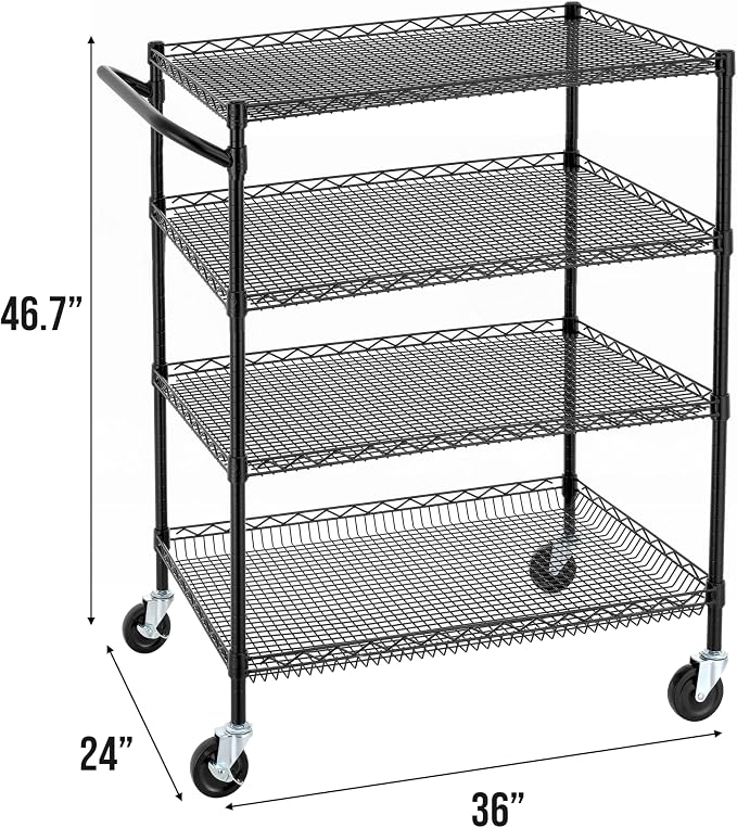 Finnhomy 4 Tier Heavy Duty Commercial Grade Rolling Cart with Handle Bar, Metal Wire Utility Cart with Wheels, Service Trolley on Wheels, Shelf Size 24" D x 36" W, NSF, Black