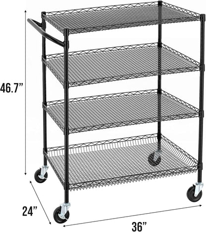 Finnhomy 4 Tier Heavy Duty Commercial Grade Rolling Cart with Handle Bar, Metal Wire Utility Cart with Wheels, Service Trolley on Wheels, Shelf Size 24" D x 36" W, NSF, Black