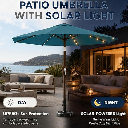 10FT Solar Patio Umbrella with Lights, Outdoor Table Market Umbrella with 32 LED Lights, 8 Sturdy Ribs, Push Button Tilt and Crank for Pool, Deck and Garden, UV-Resistant