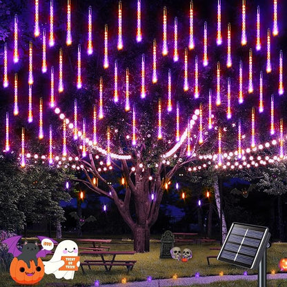 JMEXSUSS Orange and Purple Solar Halloween Lights Outdoor | 8 Tube 144 LEDs Solar Meteor Shower Rain Lights for Halloween Tree Yard Party Patio Christmas Decoration