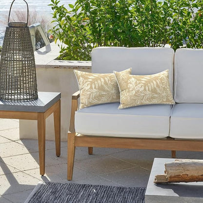 LVTXIII 2 Pack Outdoor Lumbar Pillow Covers 12x20 Inch with Piping, Water-Repellent Back Cushion Covers ONLY for Patio Furniture, Sofa, Garden Bench, Tropical Leaf Oat