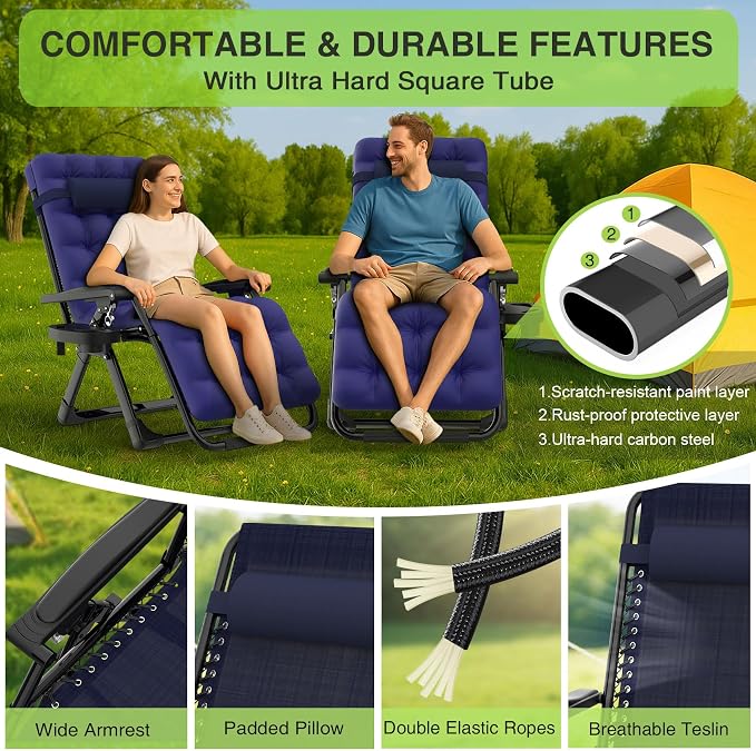 Suteck Zero Gravity Chairs Set of 2, Reclining Camping Chair with Cushion | Anti Gravity Recliner Lounge Chair with Aluminum Alloy Lock & Cup Holder, 90-170° Adjustable, for Lawn Patio Indoor
