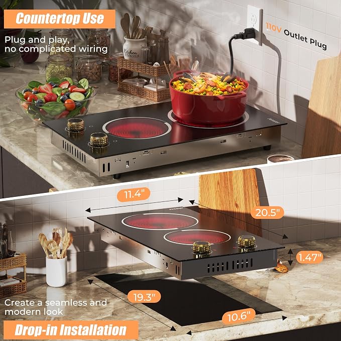 2 Burner Electric Cooktop 110V 2000W Countertop or Built-in | 12 Inch Plug in Two Burner Electric Stove 120V Portable, Knob Control, 9 Power Levels and Overheat Protection, Golden Knob
