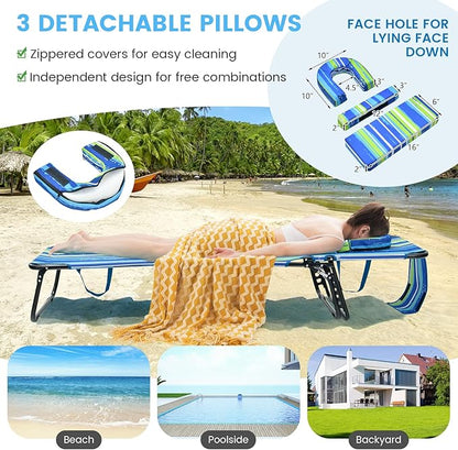 GYMAX Tanning Chair, 330lbs Beach Lounge Chair with Face Hole, Washable Pillow & Carry Strap, Adjustable Folding Chaise Lounge, Layout Chair for Outside, Patio, Poolside, Lawn (1, Stripe)
