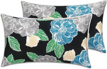 LVTXIII 2 Pack Outdoor Lumbar Pillow Covers 12x20 Inch with Piping, Water-Repellent Back Cushion Covers ONLY for Patio Furniture, Sofa, Garden Bench, Sketch Peony