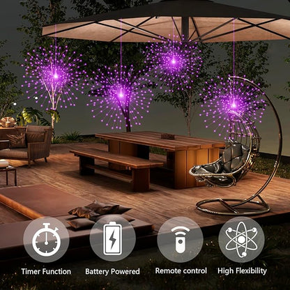 PXBNIUYA 2 Pack Starburst Sphere Lights,200 LLED Firework Lights, 8 Modes Dimmable Remote Control Waterproof Hanging Fairy Light, Copper Wire Light for Patio Parties Christmas (Purple)