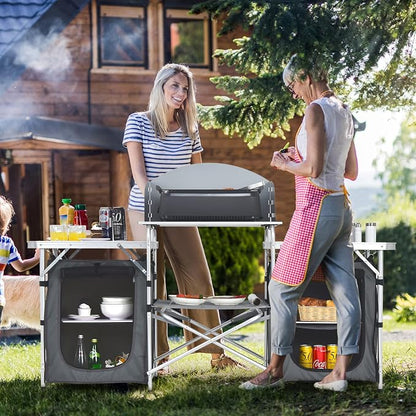 Giantex Camping Kitchen Station, Folding Grill Table with 26'' Tabletop, 2 Side Tables, Storage Organizer, Detachable Windscreen, Portable Camp Cook Outdoor Prep Station Backyard BBQ Picnic (Grey)