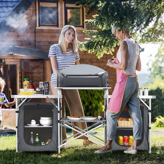 Giantex Camping Kitchen Station, Folding Grill Table with 26'' Tabletop, 2 Side Tables, Storage Organizer, Detachable Windscreen, Portable Camp Cook Outdoor Prep Station Backyard BBQ Picnic (Grey)
