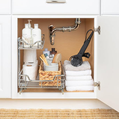 Household Essentials Glidez 2‑Tier Multipurpose Chrome‑Plated Steel Pull‑Out/Slide‑Out Under Sink Organizer, Chrome Finish