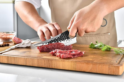 STARFISH Kitchen Knife, 6.0” Full Tang Chef Knife with Leather Sheath 440C Steel blade for Home Cooking. Olive Wooden Handle Japanese Style Forged Viking knives for Camping, BBQ, Gift for Men