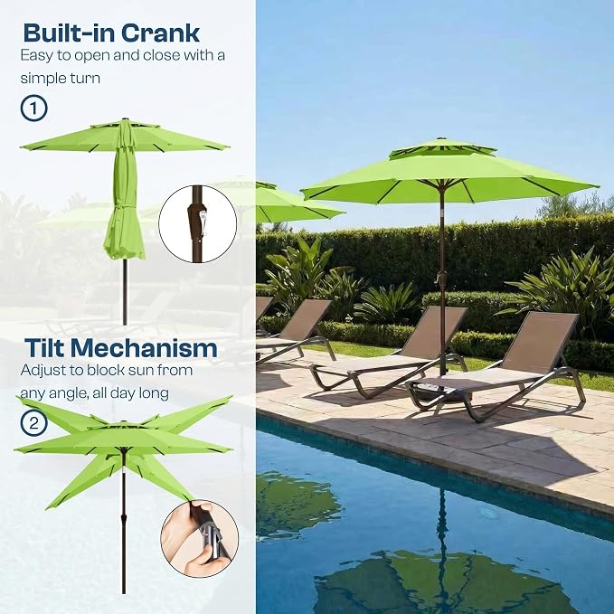 10FT Patio Umbrella, 2 Tier Outdoor Table Umbrella, Large Vented Market Umbrellas with Push Button Tilt and Crank, 8 Sturdy Ribs for Backyard, Deck, Pool, UPF50+ UV Protection