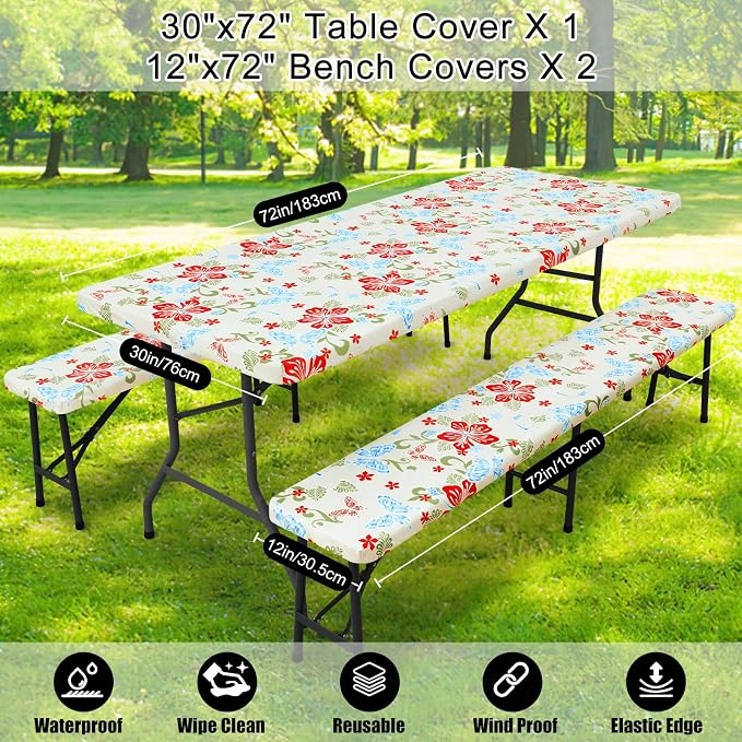 Smiry Picnic Table Cover with Bench Covers, Waterproof Elastic Fitted Tablecloth for 6 Foot Tables, Washable Polyester Tablecloths for Camping, Indoor & Outdoor (Butterfly, 30x72 Inch 3-pc Set)