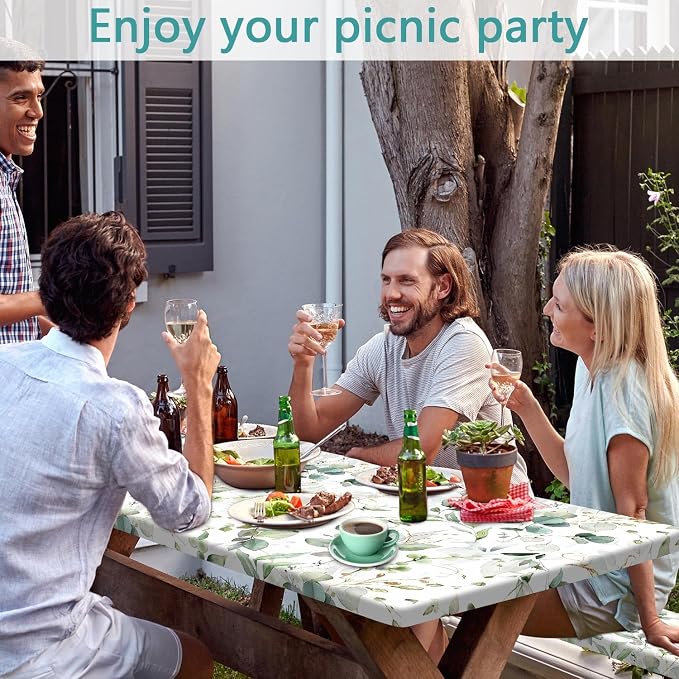 Picnic Table Cover with Bench Covers and Bag, Camping Essentials, Eucalyptus Leaves Outdoor Table Covers, Waterproof Windproof, Fitted Tablecloth Cover with Elastic Edge, 3 PCS, 30x60 Inch