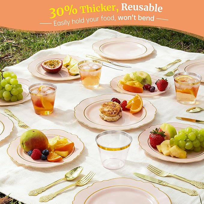 AIRE 350PCS Pink Gold Plastic Plates for Party, Dinnerware Sets for 50 Guests, Disposable Plastic Party Supplies Plates Cups Spoons Forks Knives Napkins for Wedding Birthday Baby Shower BBQ Parties