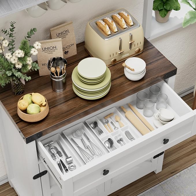 YESHOMY Kitchen Storage Cabinet, Coffee Bar Cabinet, Farmhouse Sideboard Buffet with Storage, Barn Door Accent Cabinet with a Drawer and Adjustable Shelf for Dining Room, Entryway, White&Brown, 1PCS