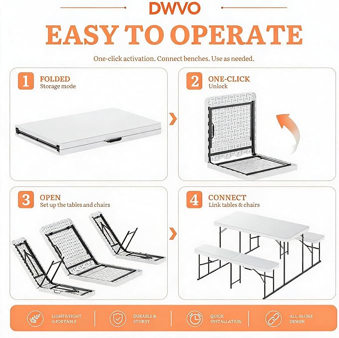 DWVO 4.5ft Picnic Table, Outdoor Folding Picnic Tables with Benches | Heavy Duty Plastic Table Benches for Outside, Portable Resin Camping Table for Events Tailgating Beach Garden Utility, White