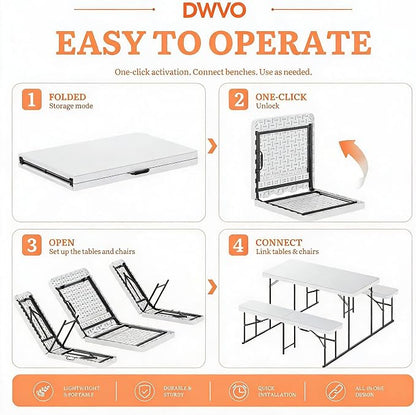 DWVO 4.5ft Picnic Table, Outdoor Folding Picnic Tables with Benches | Heavy Duty Plastic Table Benches for Outside, Portable Resin Camping Table for Events Tailgating Beach Garden Utility, White