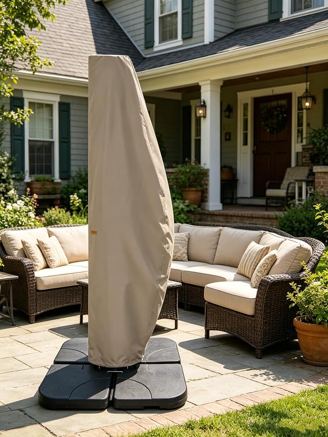 Patio Umbrella Cover for 12FT to 14FT Offset Umbrella, Water Resistant, Curved Cantilever and Straight Pole Parasol Outdoor Umbrellas Cover with Zipper and Rod