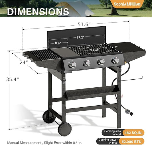 Sophia & William 4-Burner Gas Grill Griddle Combo with Stove, 482 SQ.IN.Cooking Area, 52,000 BTU Propane Barbeque Grills Outdoor Cooking with Two Shelves for Outside BBQ Patio Barbecue, Black