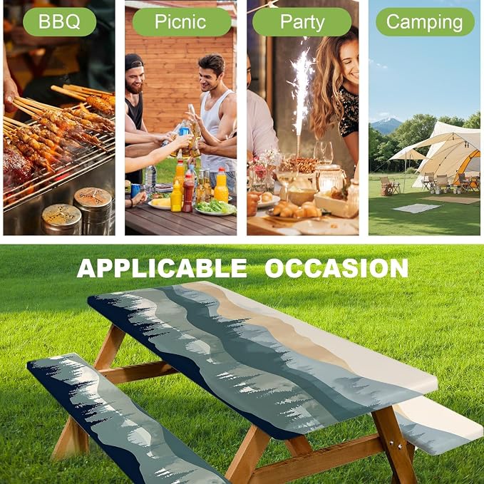 FOREVER QUEEN Picnic Table Cover with Bench Covers 72in,Waterproof Windproof Fitted Tablecloth,Mountain Forest Landscape Print Camping Essentials with Drawstring Bag for Patio,Park & Backyard