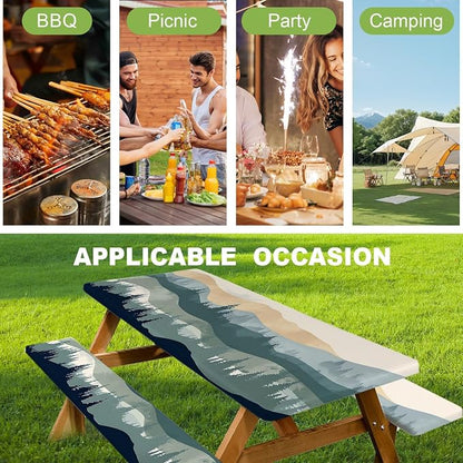 FOREVER QUEEN Picnic Table Cover with Bench Covers 72in,Waterproof Windproof Fitted Tablecloth,Mountain Forest Landscape Print Camping Essentials with Drawstring Bag for Patio,Park & Backyard