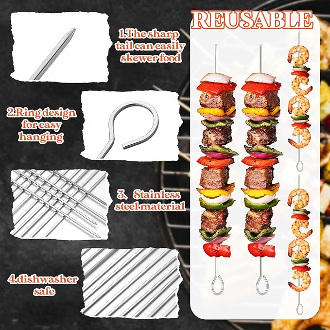 36 Pack 16.3in/14in/3.9in Stainless Steel Kabob Skewer for Grilling, Bacon Skewers, Metal Barbecue Skewers, Large and Mini BBQ Sticks for Baking, Camping, Family Gatherings