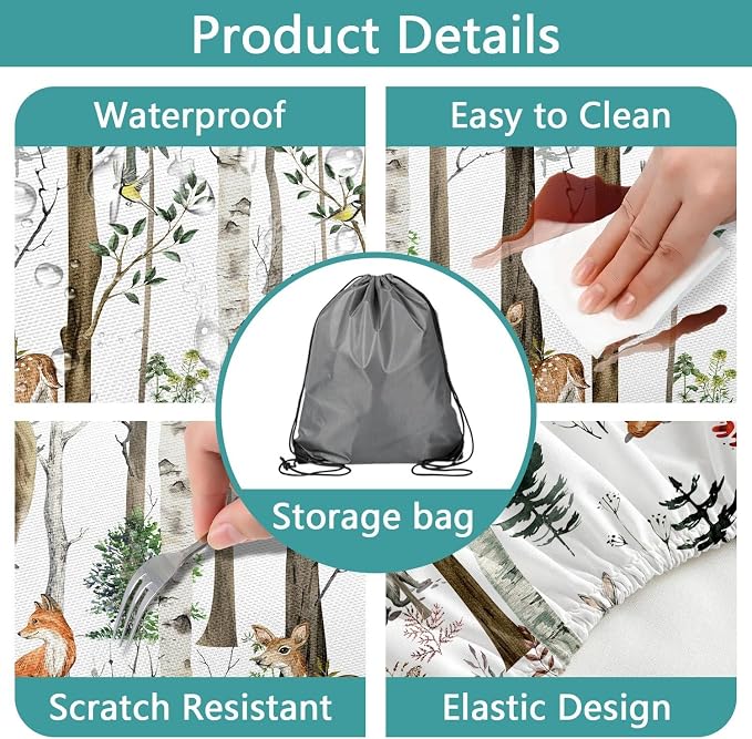 JAWO Picnic Table Cover with Bench Covers, Rustic Forest Cabin Camper Fitted Table Cover, Outdoor Patio Camping Essentials, Waterproof Camping Fitted Tablecloth with Drawstring Bag 30X60inch