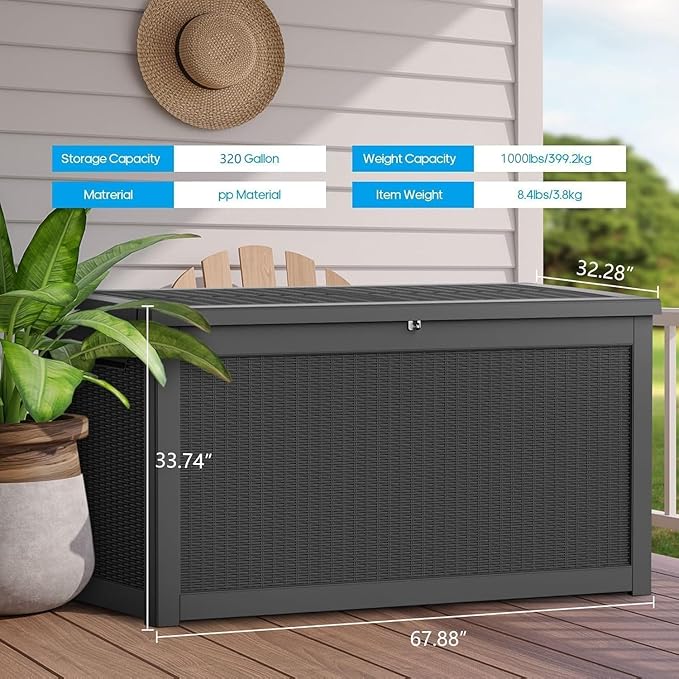 Vixzen 320 Gallon Deck Boxes Outdoor Waterproof, Lockable Storage Box for Patio Cushions Storage Furniture, Garden Tools, Pool Supplies, Weatherproof and UV Resistant (Black, 320 Gallon)