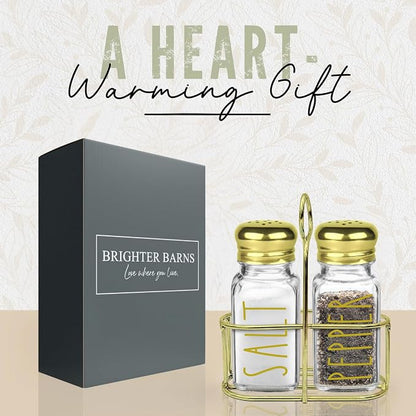 Luxury Glass Salt and Pepper Shakers Set with Holder by Brighter Barns - Gold Dining Room Decor, Farmhouse Kitchen Accessories - Glass Salt Shaker with Caddy for Restaurants, Hotel, Gifts (Clear/Gold)