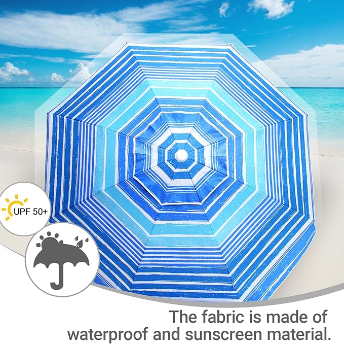 LOTTAFUN 6ft Beach Umbrella - Heavy Duty Wind Resistant UV 50+ Portable Sun Shade with Sand Anchor & Carry Bag, Outdoor Folding Umbrella for Beach, Pool, Patio, Garden (Blue Stripe) No Tilt The sand needs to exceed the spiral 6inch