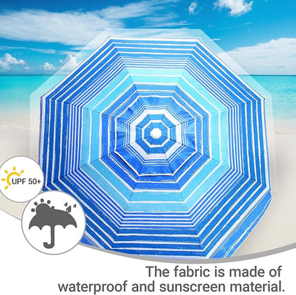 LOTTAFUN 6ft Beach Umbrella - Heavy Duty Wind Resistant UV 50+ Portable Sun Shade with Sand Anchor & Carry Bag, Outdoor Folding Umbrella for Beach, Pool, Patio, Garden (Blue Stripe) No Tilt The sand needs to exceed the spiral 6inch