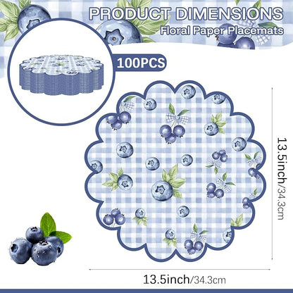 100 Pcs Blueberry Paper Placemats Blue Fruit Place Mats 13.5 Inch Disposable Round Decorative Dining Table Mats with Scalloped Edges for Spring Summer Birthday Bridal Wedding Party Supplies
