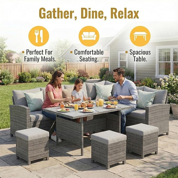Wisteria Lane 7 Piece Patio Furniture Set, High Curved Back Wicker Outdoor Dining Set, All Weather Patio Sectional, Outdoor Furniture Patio Conversation Set with Ottoman, Grey