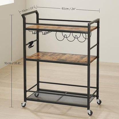 3 Tier Bar Cart, Small Beverage Cart, Mini Bar Cart with Wine Rack, Home Bar Serving Cart with Wheels for Kitchen Dining Living Room (Rustic Brown, General) GBC507R