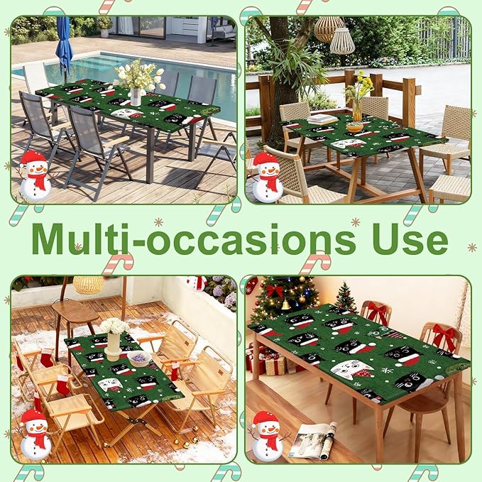Christmas Picnic Table cover with Bench Cover, Outdoor Picnic Table Elastic Tablecloth, Christmas Hat Green Cat Design, Camping, Barbecue and Holiday Party Tablecloth