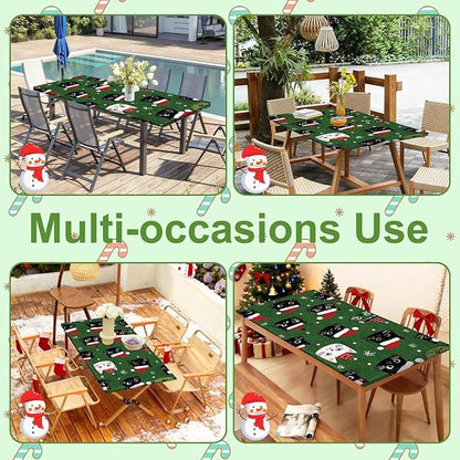 Christmas Picnic Table cover with Bench Cover, Outdoor Picnic Table Elastic Tablecloth, Christmas Hat Green Cat Design, Camping, Barbecue and Holiday Party Tablecloth