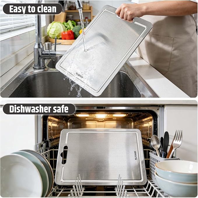 3-Piece Titanium Cutting Board for Kitchen, Double-Sided Scratch-Resistant Chopping Boards with Juice Grooves, Metal Cutting Boards with Non-Slip Mat, Dishwasher Safe for Fruit, Meat, Vegetables, Gray