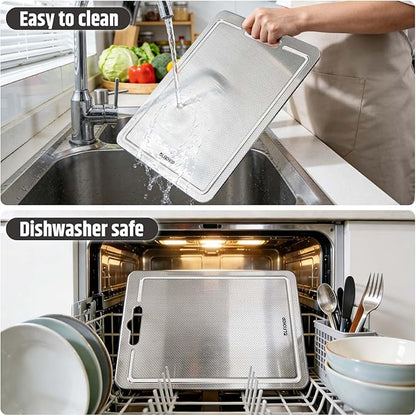 3-Piece Titanium Cutting Board for Kitchen, Double-Sided Scratch-Resistant Chopping Boards with Juice Grooves, Metal Cutting Boards with Non-Slip Mat, Dishwasher Safe for Fruit, Meat, Vegetables, Gray
