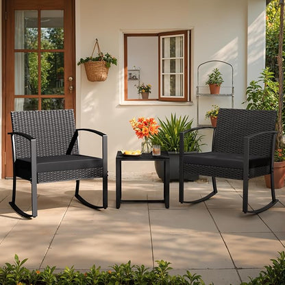 Greesum 3 Pieces Outdoor Furniture Set Patio Bistro Rocking Chairs with Glass Coffee Table for Pool Beach Backyard Balcony Porch Deck Garden, Black