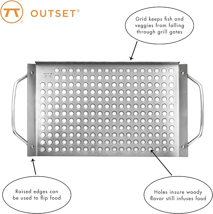 Outset Stainless Steel Grill Topper Grid, Set of 2, 11"x7" and 11"x17" BBQ Basket Trays