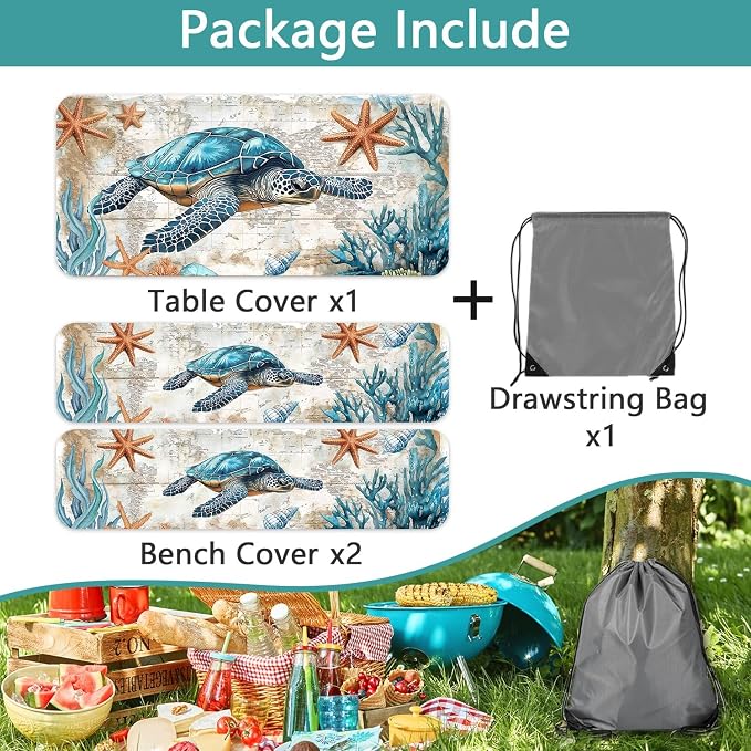 Picnic Table Cover with Bench Covers 6FT Camping Essentials Beach Sea Turtle Ocean Fitted Camping Tablecloth Windproof Waterproof Oilproof with Elastic Edge for Indoor Outdoor 3PCS 30x60 Inch