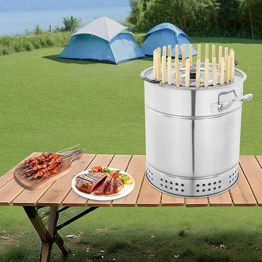 Portable Vertical BBQ Charcoal Grill Stainless Steel Surround Charcoal Barrel Shape Grill for Picnics Camping Traveling Barbecue Parties, with Skewers and Oil Drip Pan (28-skewer)